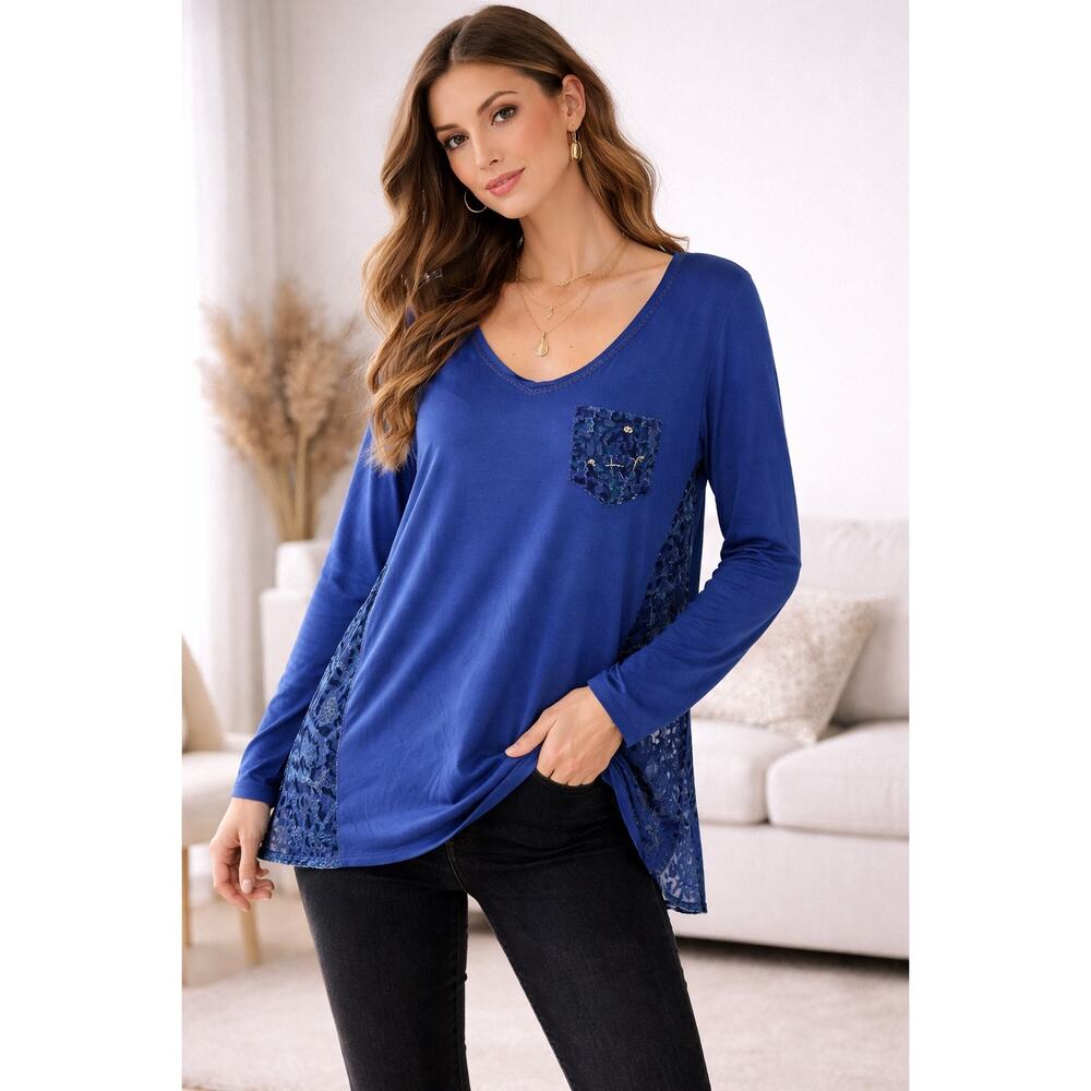 Aratta Silent Journey Blue Velvety Burnout Top L Boho Gothic Long Sleeve Blouse